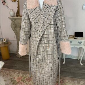 Eloquii Plaid Trench Coat with Pink and Gold Accents